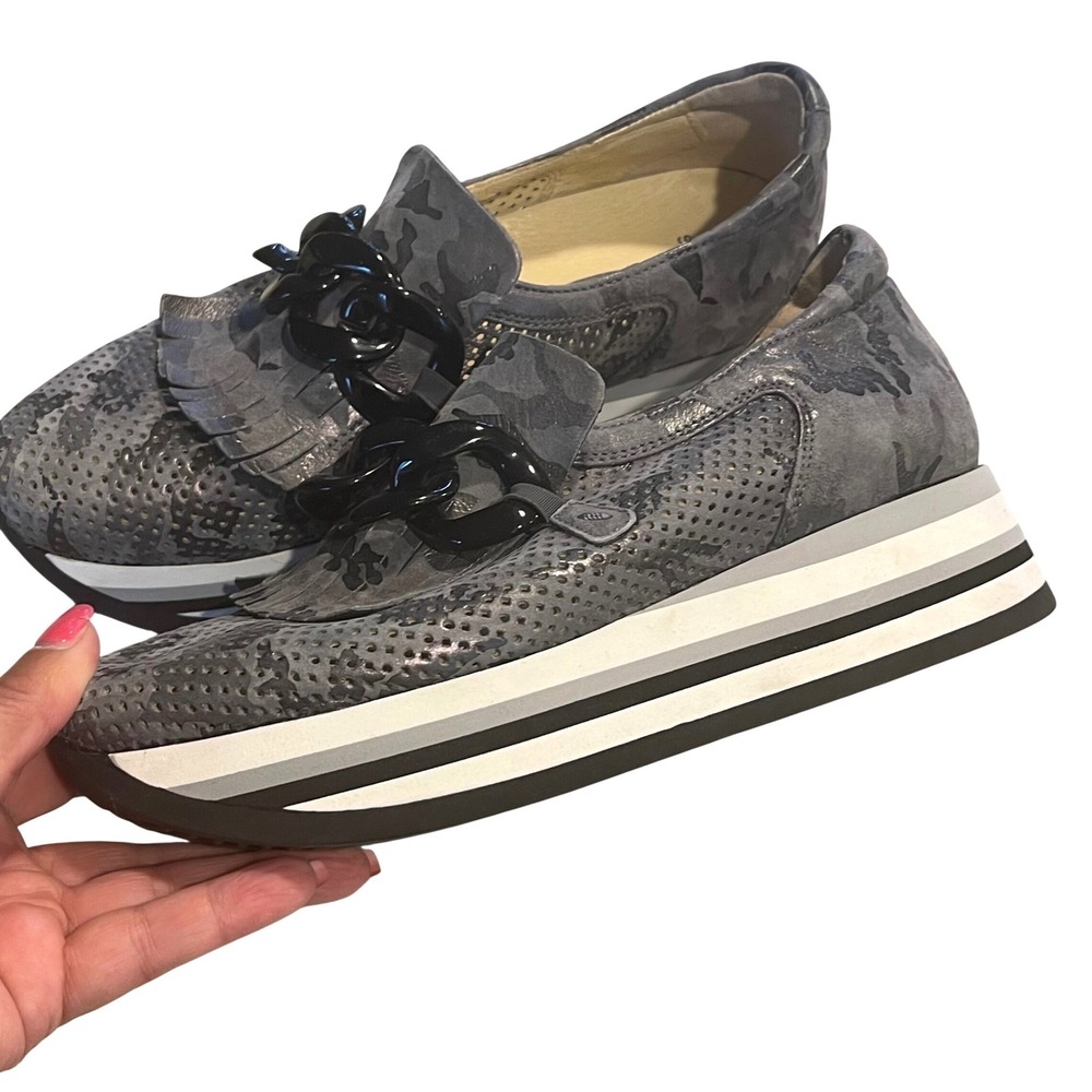 Softwaves Cadie Platform Loafer Wmn 37 US 7 Grey Camo Chain Kiltie Leather Shoe